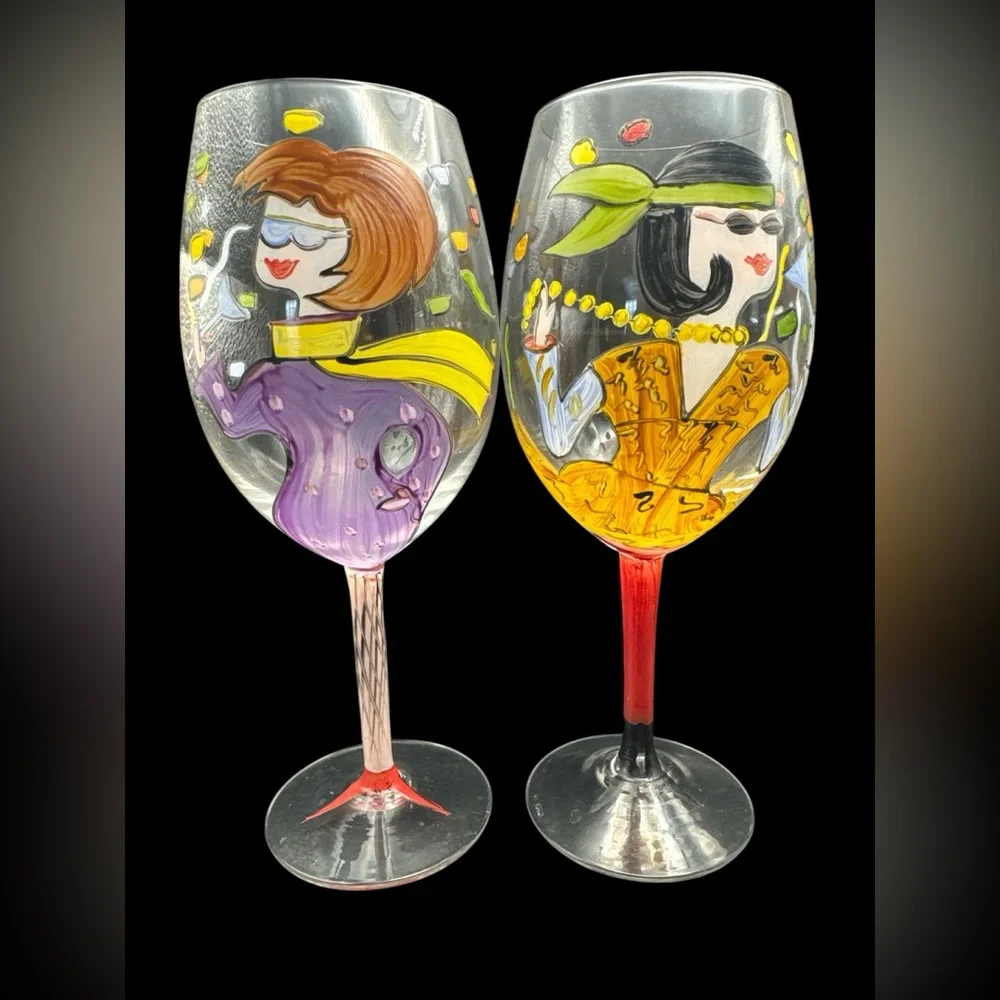 Vintage Hand Painted Whimsical Ladies Night Wine Glasses and Ice Bucket Set